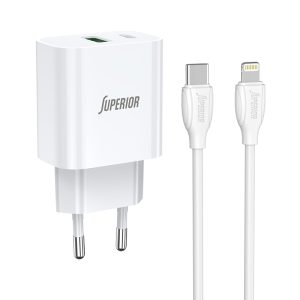 Kucni punjac Superior SU-P102 20W Super Fast USB A QC3.0+Type C sa Type C na Lightning kablom beli (CERT)
